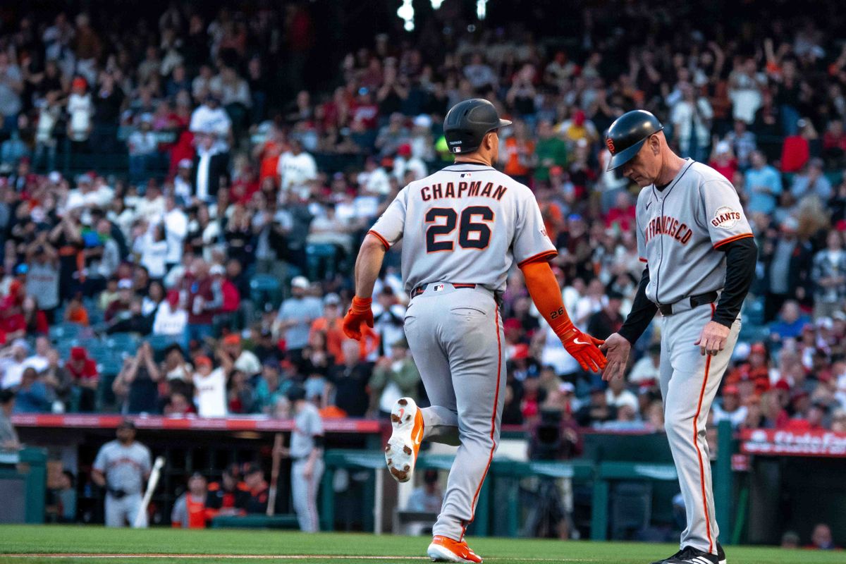 San Francisco Giants third baseman Matt Chapman (26) hits a home run in the first inning during the MLB game against the Los Angeles Angels Saturday April 19th, 2025 at Angels Stadium in Anaheim, Calif. San Francisco Giants third baseman Matt Chapman (26) hits a home run in the first inning during the MLB game against the Los Angeles Angels Saturday April 19th, 2025 at Angels Stadium in Anaheim, Calif.