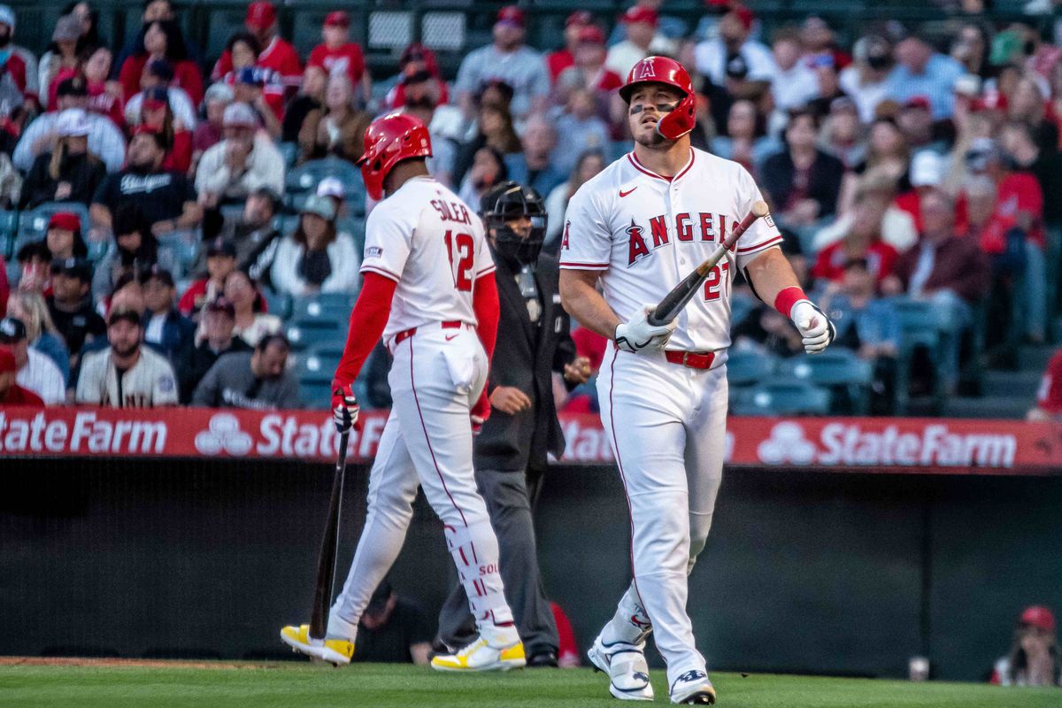 Los Angeles Angels outfielder Mike Trout (27) after striking out during the MLB game against the San Francisco Giants Saturday April 19th, 2025 at Angels Stadium in Anaheim, Calif. Los Angeles Angels outfielder Mike Trout (27) after striking out during the MLB game against the San Francisco Giants Saturday April 19th, 2025 at Angels Stadium in Anaheim, Calif.