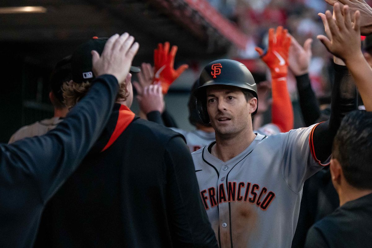 San Francisco Giants outfielder Mike Yastrzemski (5) in the dugout after scoring a run during the MLB game against the Los Angeles Angels Saturday April 19th, 2025 at Angels Stadium in Anaheim, Calif. San Francisco Giants outfielder Mike Yastrzemski (5) in the dugout after scoring a run during the MLB game against the Los Angeles Angels Saturday April 19th, 2025 at Angels Stadium in Anaheim, Calif.