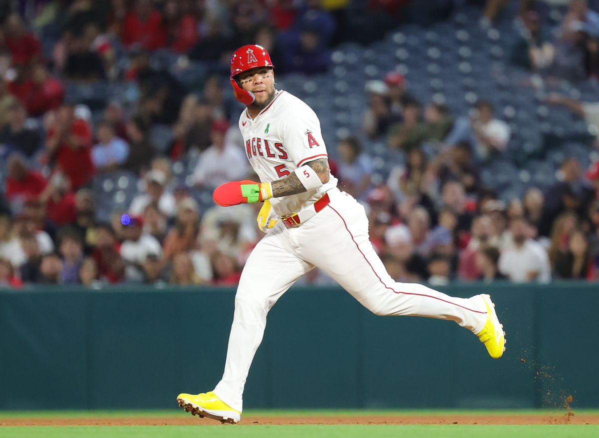 Los Angeles Angels infielder #5 Yoan Moncada runs the bases during an MLB game against the Florida Marlins on May 24, 2025 in Anaheim, CA. Los Angeles Angels infielder #5 Yoan Moncada runs the bases during an MLB game against the Florida Marlins on May 24, 2025 in Anaheim, CA.