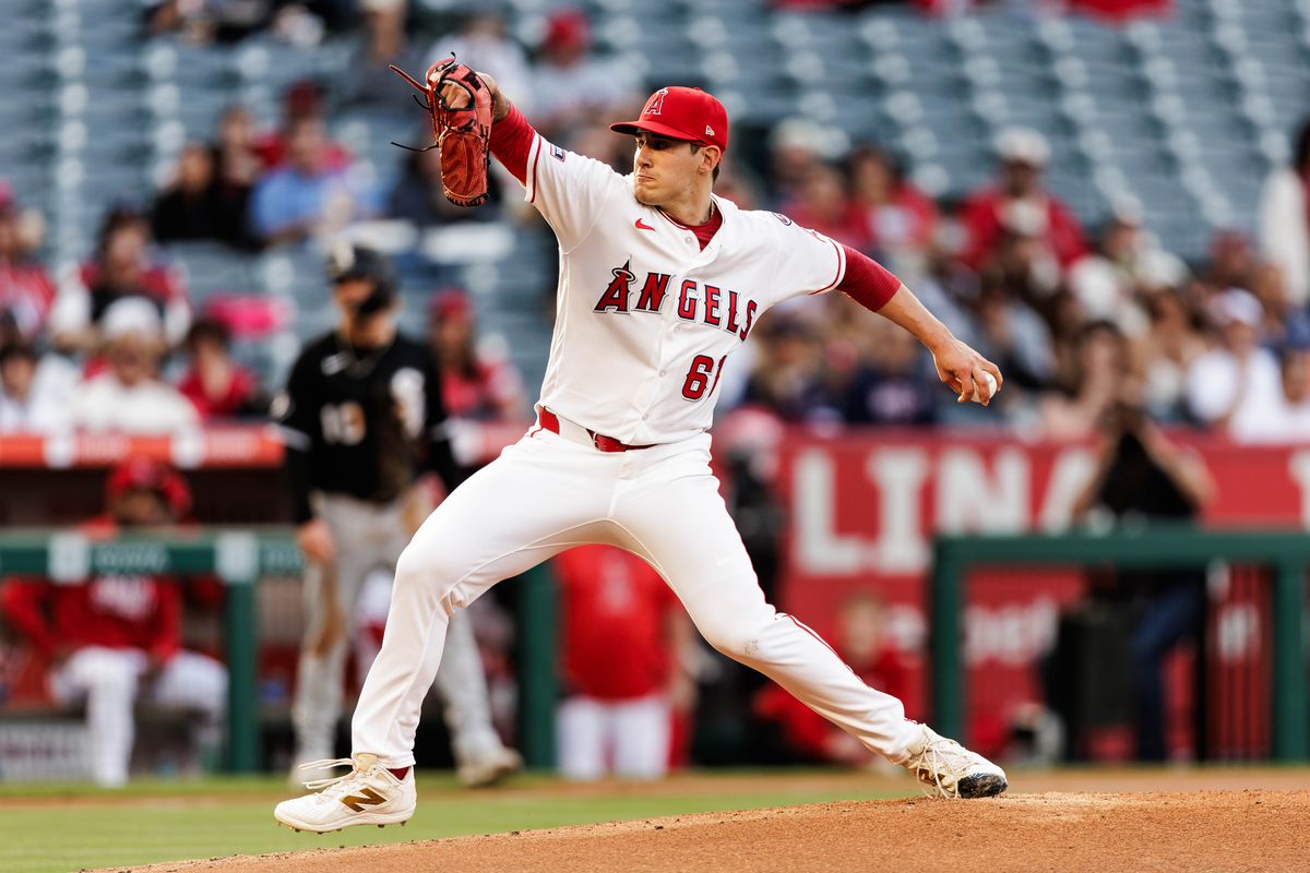 Los Angeles Angels pitcher Reid Detmers (61) pitches during the game against the Chicago White Sox at Angel Stadium on May 5, 2026, in Anaheim, California. Los Angeles Angels pitcher Reid Detmers (61) pitches during the game against the Chicago White Sox at Angel Stadium on May 5, 2026, in Anaheim, California.