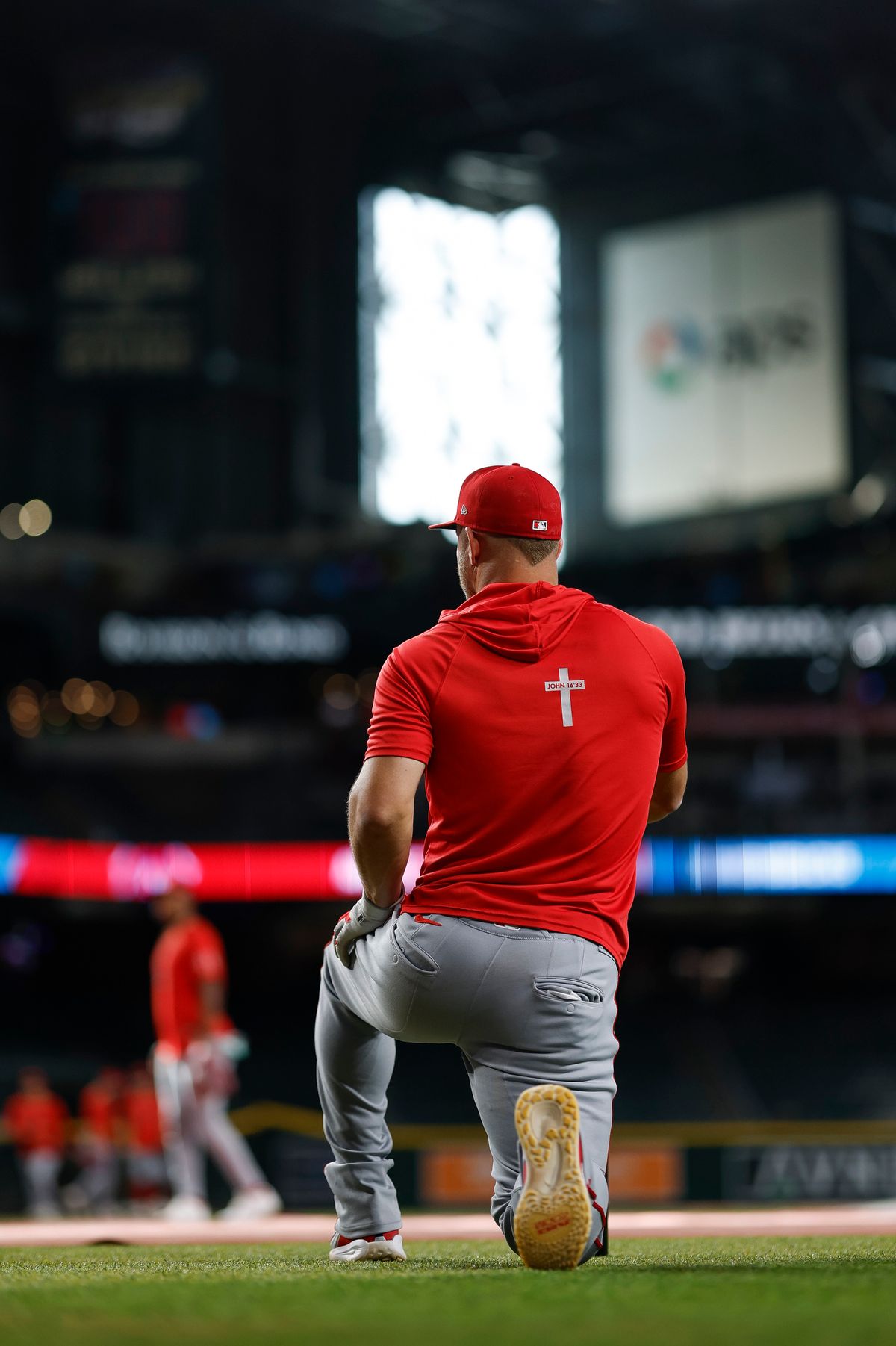 Mike Trout #27 of the Los Angeles Angels warms up on the field prior to a game against Arizona Diamondbacks at Chase Field on June 16, 2026 in Phoenix, Arizona.
