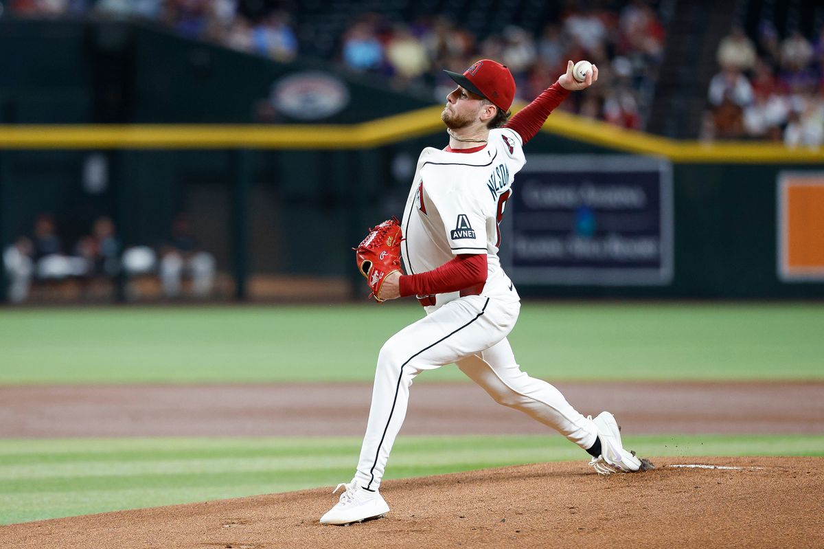 Ryne Nelson #19 of the Arizona Diamondbacks throws a pitch against the Los Angeles Angels at Chase Field on June 16, 2026 in Phoenix, Arizona.