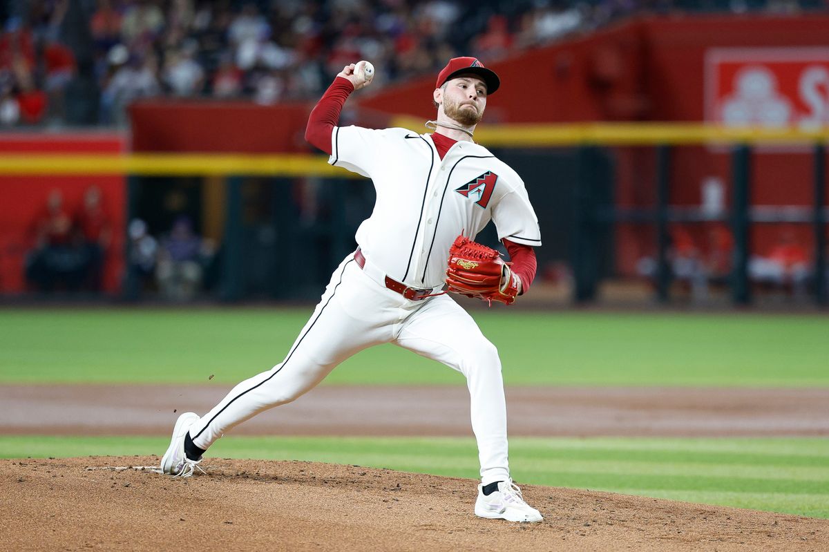 Ryne Nelson #19 of the Arizona Diamondbacks throws a pitch against the Los Angeles Angels at Chase Field on June 16, 2026 in Phoenix, Arizona.