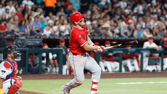 Mike Trout #27 of the Los Angeles Angels hits a home run against Arizona Diamondbacks at Chase Field on June 16, 2026 in Phoenix, Arizona.