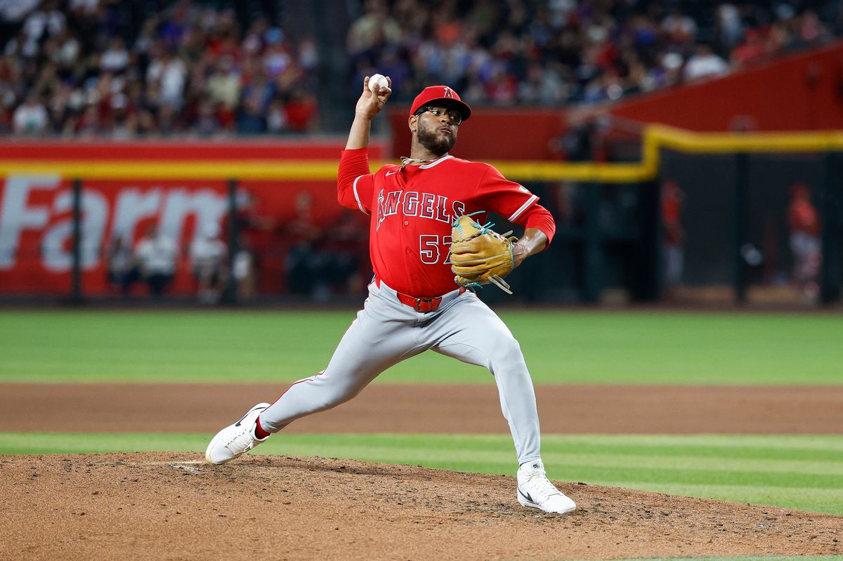 Walbert Urena #57 of the Los Angeles Angels throws a pitch against the Arizona Diamondbacks at Chase Field on June 16, 2026 in Phoenix, Arizona.