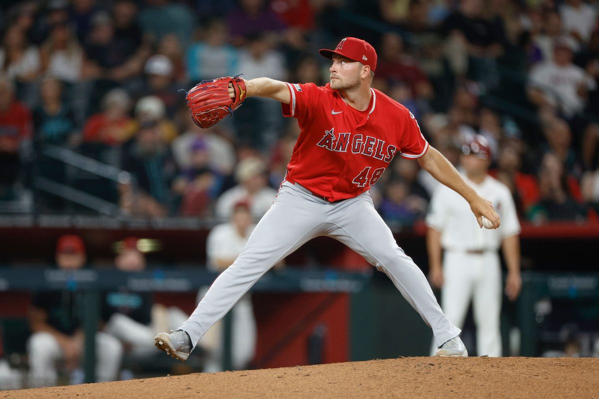 Reid Detmers #48 of the Los Angeles Angels throws a pitch against the Arizona Diamondbacks at Chase Field on June 16, 2026 in Phoenix, Arizona. Reid Detmers #48 of the Los Angeles Angels throws a pitch against the Arizona Diamondbacks at Chase Field on June 16, 2026 in Phoenix, Arizona.