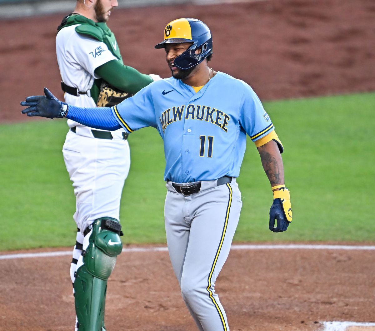 The Milaukee Brewers left-fielder Jackson Chourio (11) celebrates his home run during the MLB game against the Milwaukee Brewers Tuesday June 9th, 2026 in Las Vegas, NV.s The Milaukee Brewers left-fielder Jackson Chourio (11) celebrates his home run during the MLB game against the Milwaukee Brewers Tuesday June 9th, 2026 in Las Vegas, NV.s