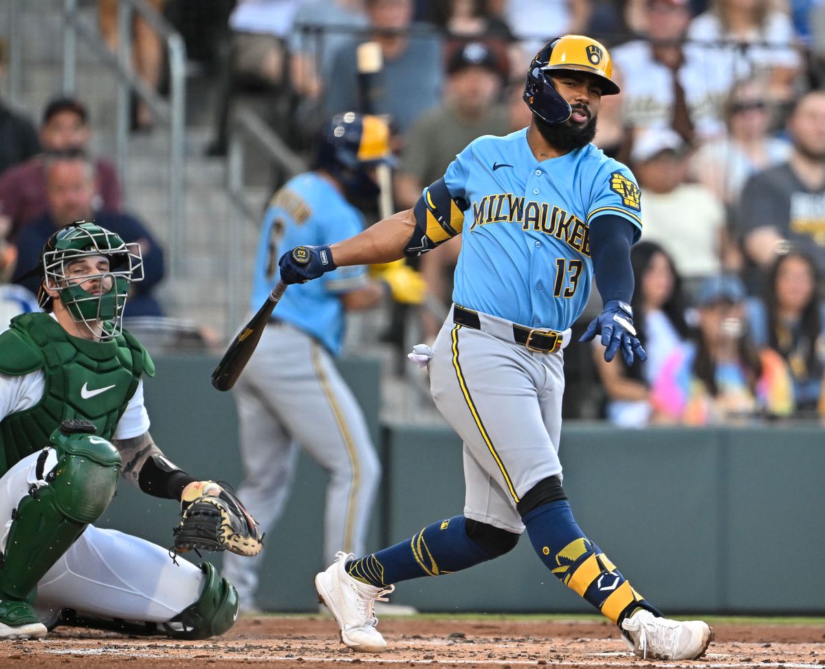 The Milwaukee Brewers 3rd baseman Luis Rengifo (13) takes a swing during the MLB game against the Milwaukee Brewers Tuesday June 9th, 2026 in Las Vegas, NV.s The Milwaukee Brewers 3rd baseman Luis Rengifo (13) takes a swing during the MLB game against the Milwaukee Brewers Tuesday June 9th, 2026 in Las Vegas, NV.s