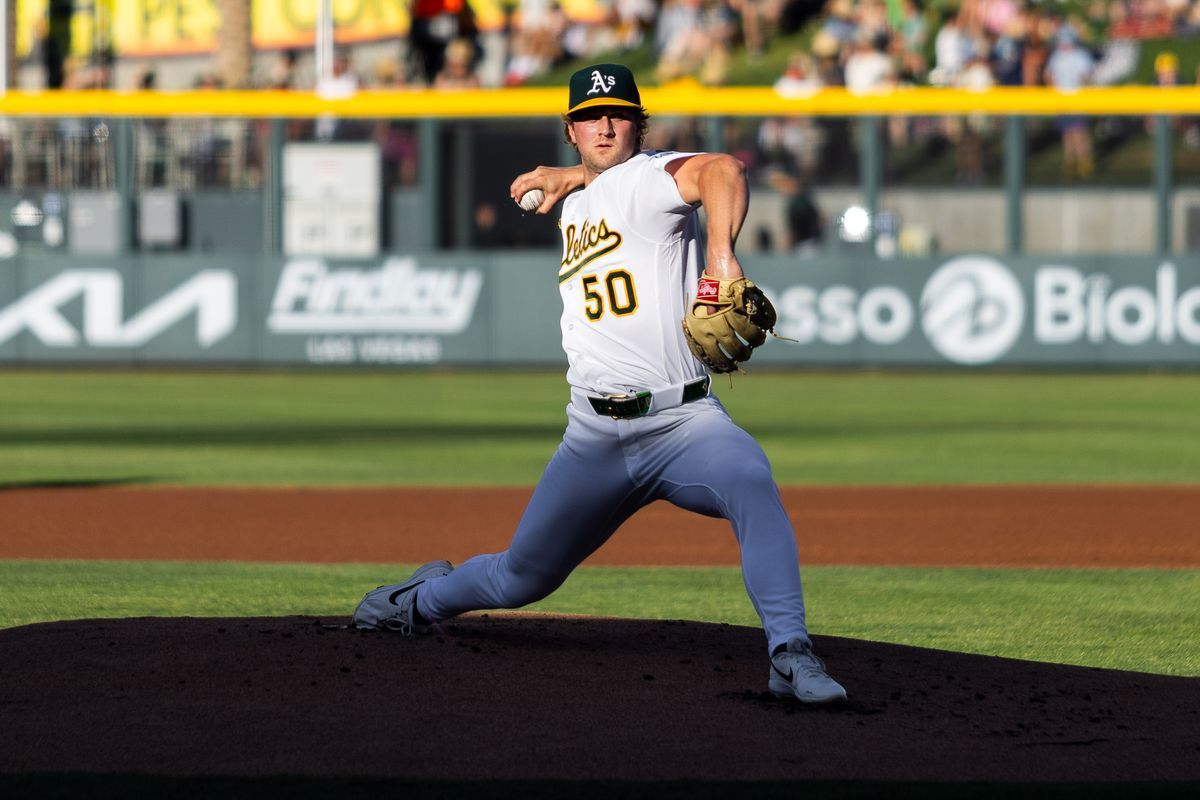 Athletics right-hand pitcher Jack Perkins (50) pitches the ball during a MLB game between the The Athletics and the Milwaukee Brewers, Wednesday June 10, 2026 in Las Vegas, Nev. Athletics right-hand pitcher Jack Perkins (50) pitches the ball during a MLB game between the The Athletics and the Milwaukee Brewers, Wednesday June 10, 2026 in Las Vegas, Nev.