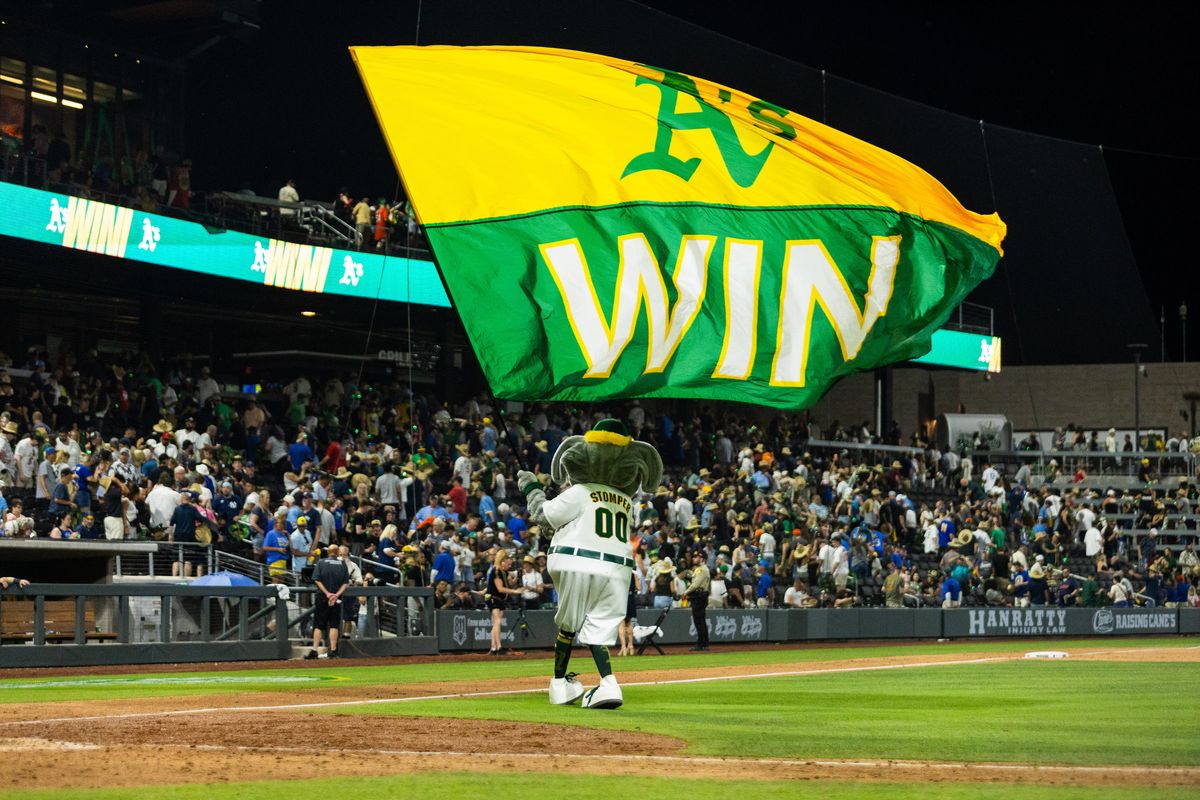 Athletics’ mascot waves a victory flag after a MLB game between the The Athletics and the Milwaukee Brewers, Wednesday June 10, 2026 in Las Vegas, Nev. Athletics’ mascot waves a victory flag after a MLB game between the The Athletics and the Milwaukee Brewers, Wednesday June 10, 2026 in Las Vegas, Nev.