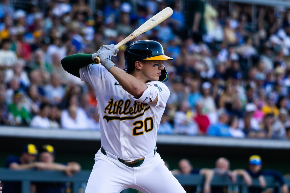 Athletics Zack Gelof (20) at bat during a MLB game between the The Athletics and the Milwaukee Brewers, Wednesday June 10, 2026 in Las Vegas, Nev. Athletics Zack Gelof (20) at bat during a MLB game between the The Athletics and the Milwaukee Brewers, Wednesday June 10, 2026 in Las Vegas, Nev.