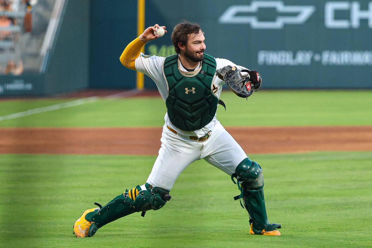Athletics C Shea Langeliers (23) throws the ball to first base during an MLB game against the Colorado Rockies on Friday June 12, 2026, at the Las Vegas Ballpark in Las Vegas, Nevada. Athletics C Shea Langeliers (23) throws the ball to first base during an MLB game against the Colorado Rockies on Friday June 12, 2026, at the Las Vegas Ballpark in Las Vegas, Nevada.