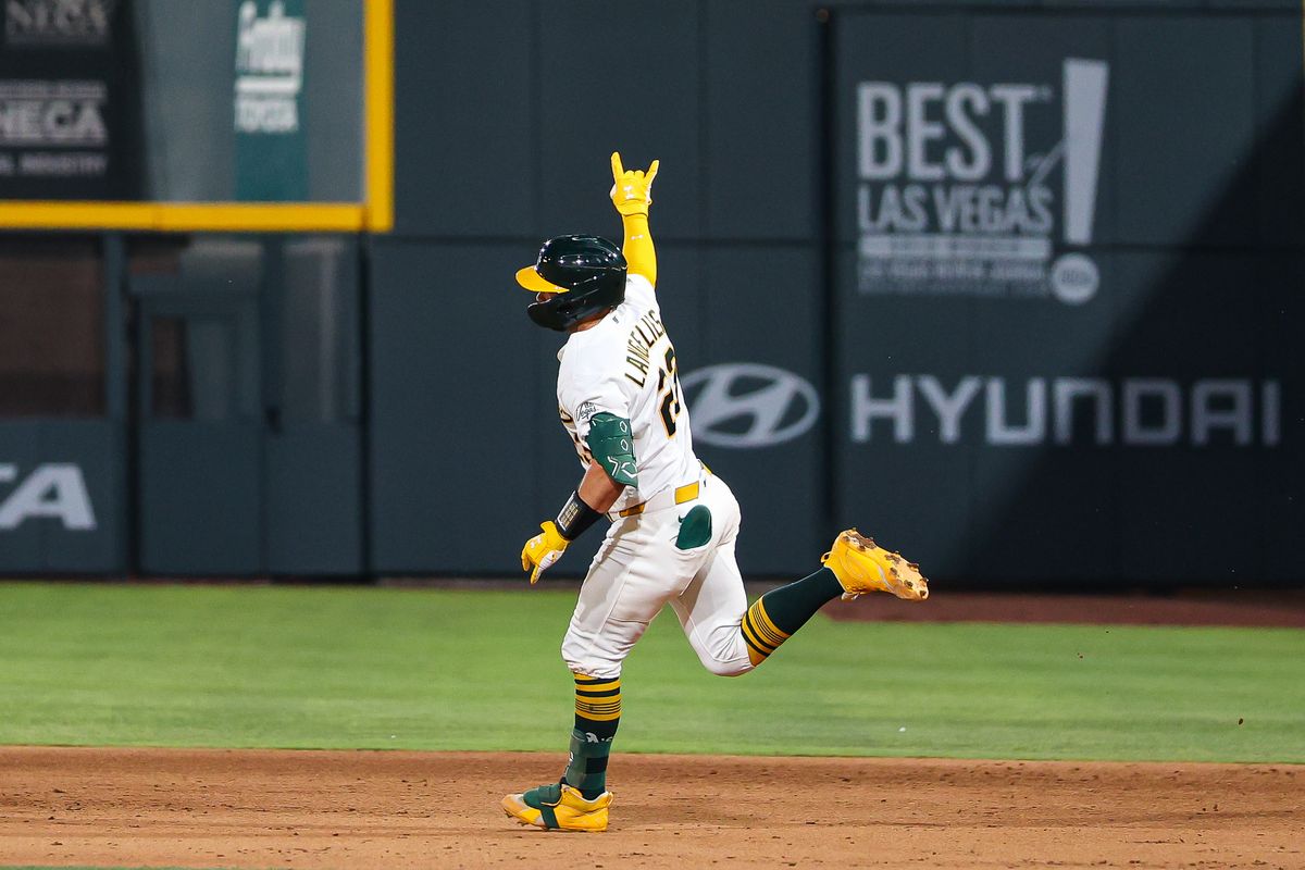 Athletics C Shea Langeliers (23) signals to the bullpen after hitting a home run against the Colorado Rockies on Friday June 12, 2026, at the Las Vegas Ballpark in Las Vegas, Nevada. Athletics C Shea Langeliers (23) signals to the bullpen after hitting a home run against the Colorado Rockies on Friday June 12, 2026, at the Las Vegas Ballpark in Las Vegas, Nevada.