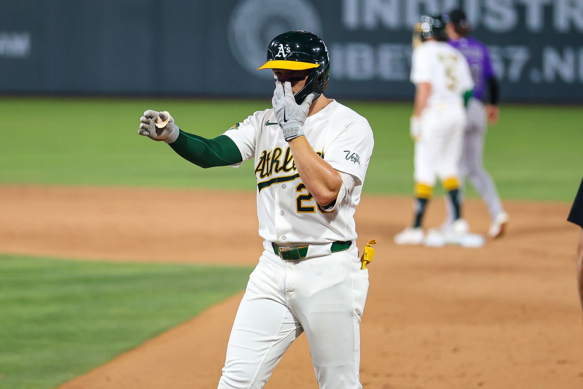 Athletics 2B Zack Gelof (20) points towards the dugout after hitting a single against the Colorado Rockies on Friday June 12, 2026, at the Las Vegas Ballpark in Las Vegas, Nevada. Athletics 2B Zack Gelof (20) points towards the dugout after hitting a single against the Colorado Rockies on Friday June 12, 2026, at the Las Vegas Ballpark in Las Vegas, Nevada.