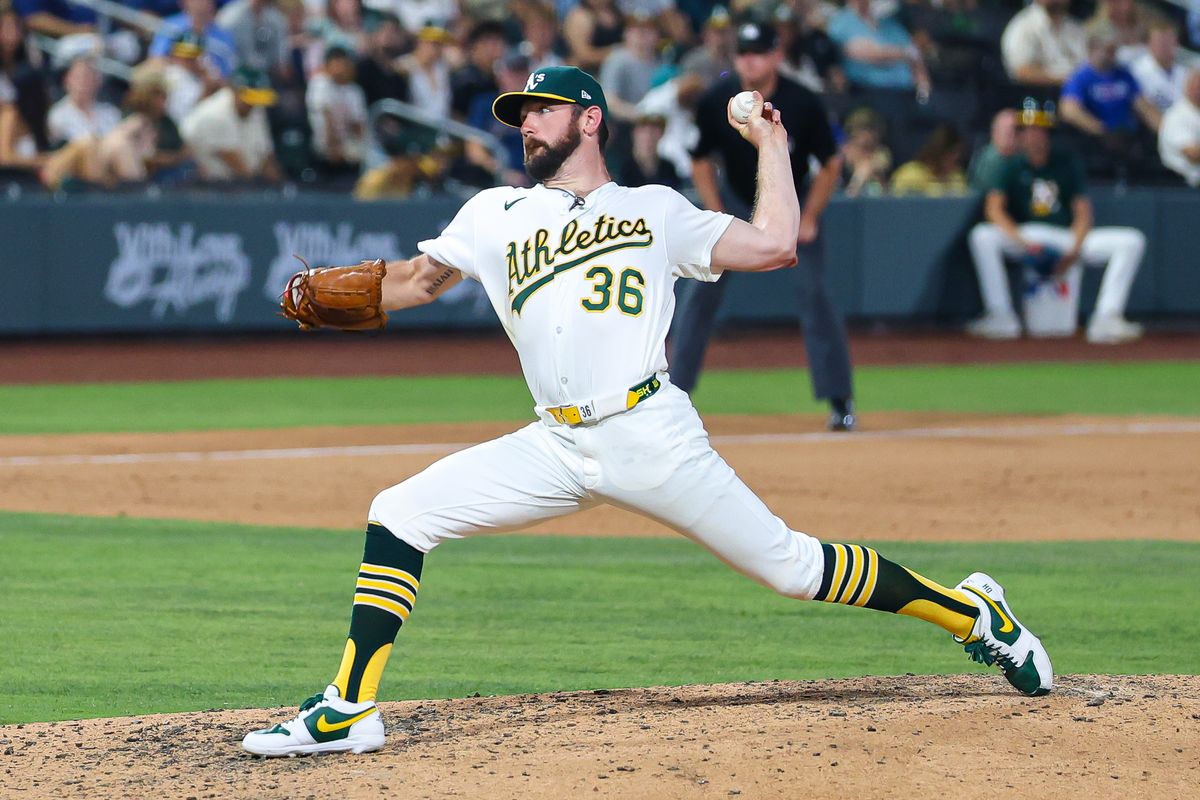 Athletics LHP Hogan Harris (36) pitches in relief to close the game against the Colorado Rockies on Friday June 12, 2026, at the Las Vegas Ballpark in Las Vegas, Nevada. Athletics LHP Hogan Harris (36) pitches in relief to close the game against the Colorado Rockies on Friday June 12, 2026, at the Las Vegas Ballpark in Las Vegas, Nevada.