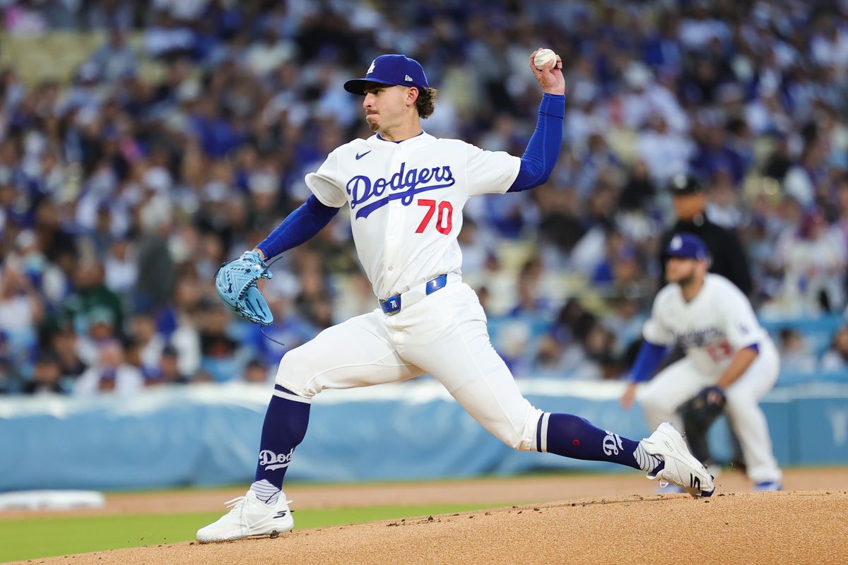Justin Wrobleski #70 of the Los Angeles Dodgers throws a pitch during an MLB game against the New York Mets on April 13, 2026 in Los Angeles, CA. 