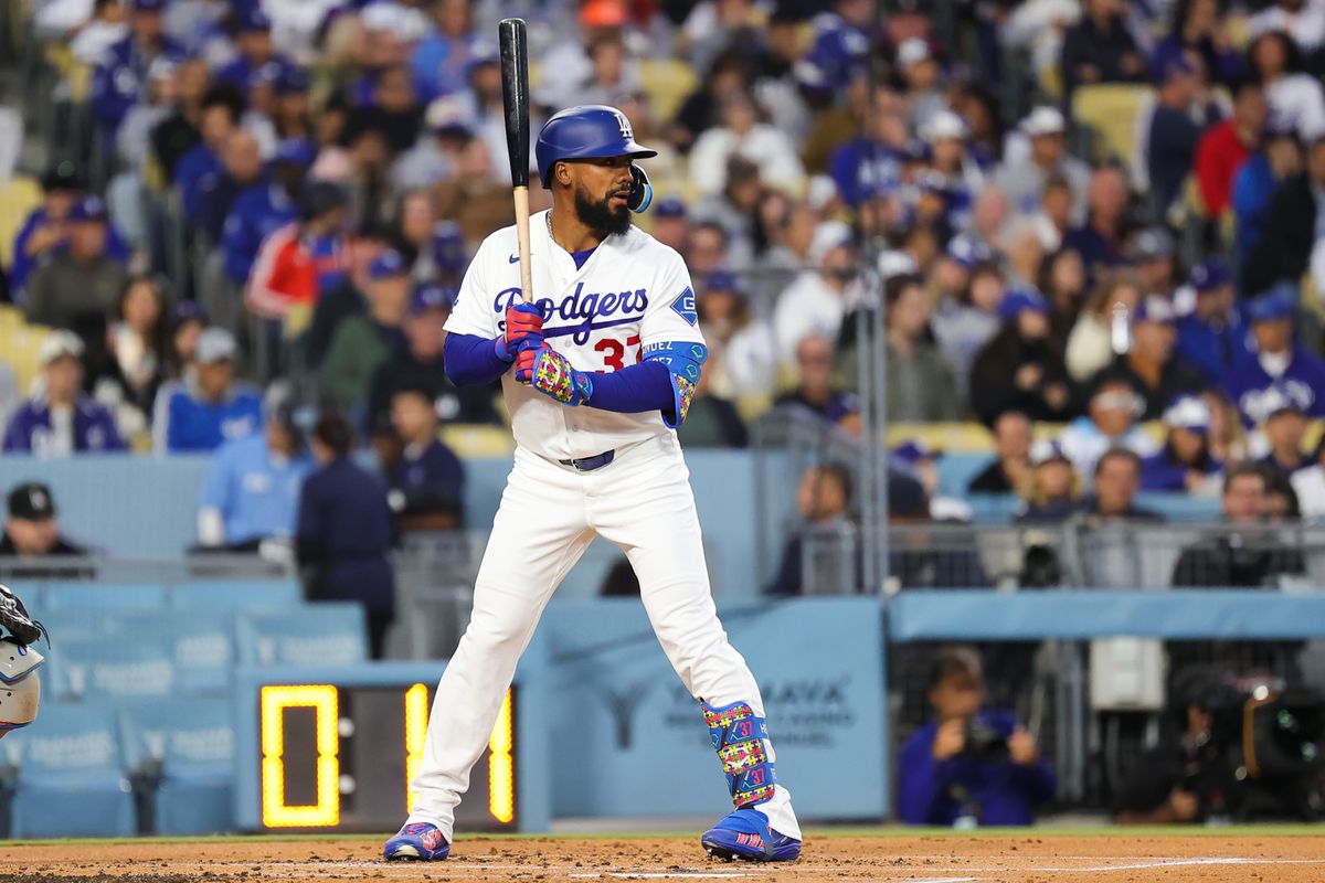 Teoscar Hernandez #37 of the Los Angeles Dodgers at bat during an MLB game against the New York Mets on April 13, 2026 in Los Angeles, CA. 