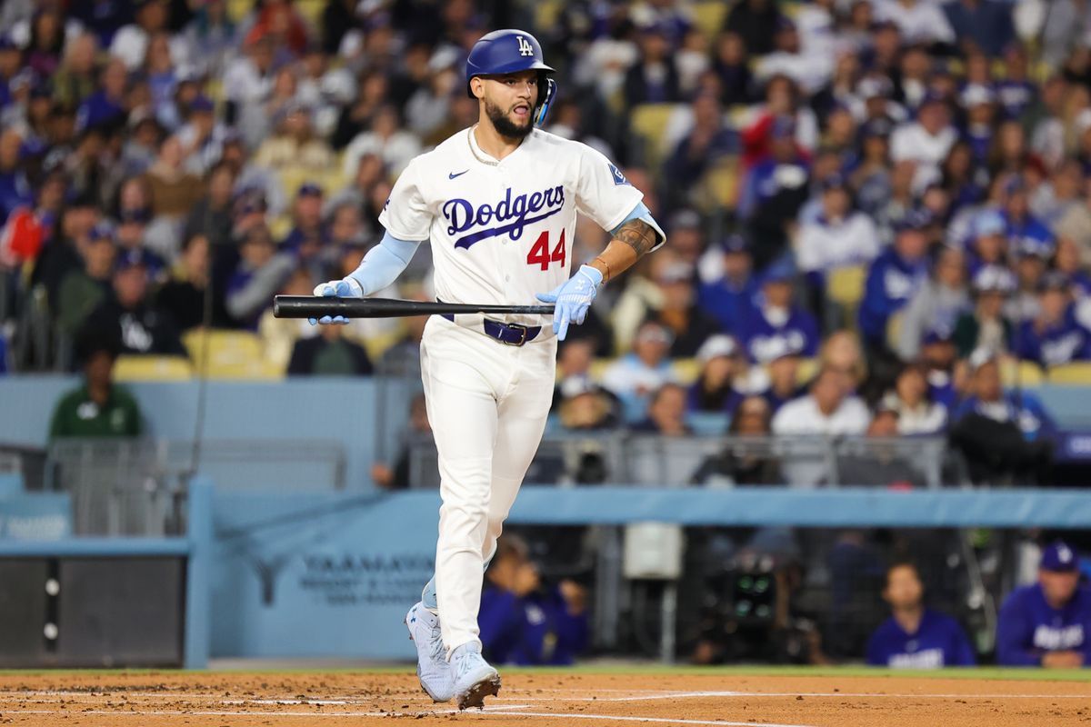 Andy Pages #44 of the Los Angeles Dodgers at the plate during an MLB game against the New York Mets on April 13, 2026 in Los Angeles, CA. 