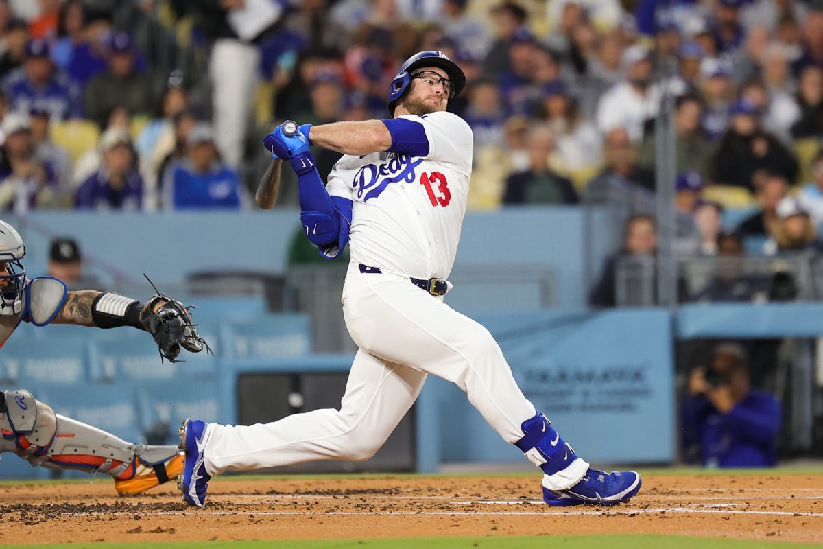 Max Muncy #13 of the Los Angeles Dodgers at bat during an MLB game against the New York Mets on April 13, 2026 in Los Angeles, CA. 