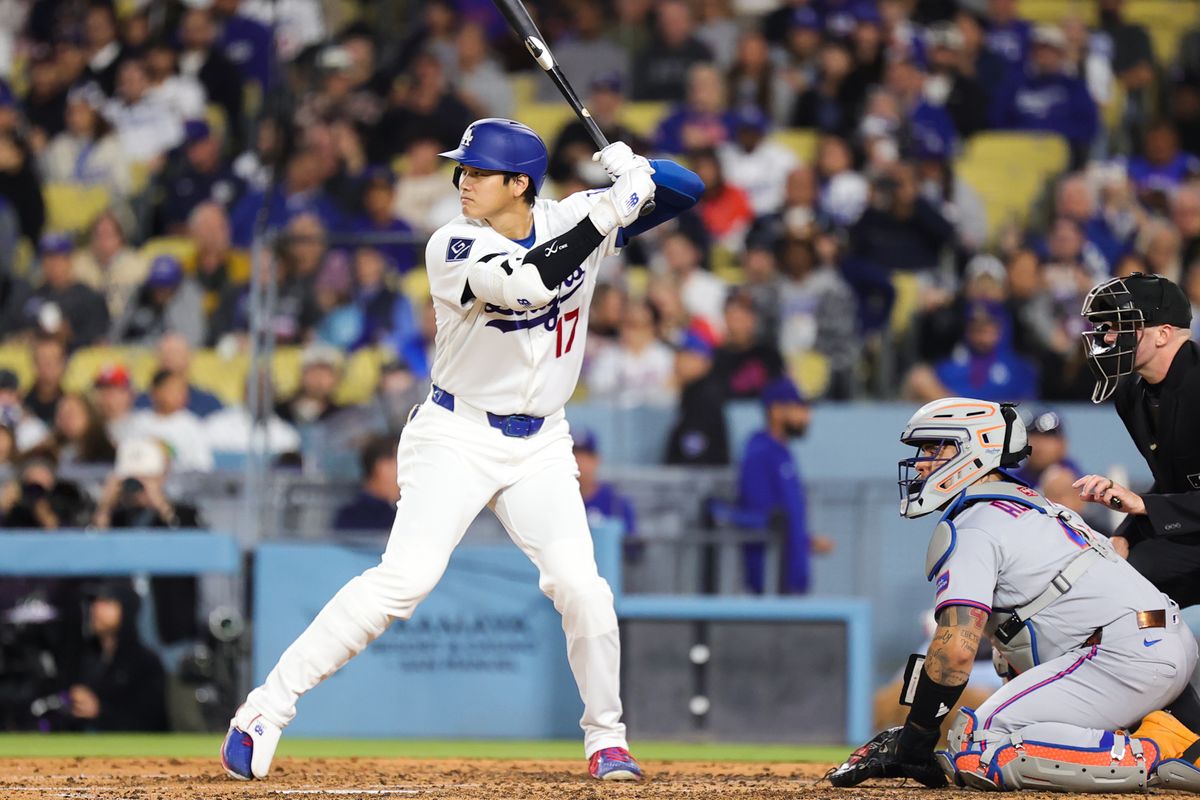 Shohei Ohtani #17 of the Los Angeles Dodgers at bat during an MLB game against the New York Mets on April 13, 2026 in Los Angeles, CA. 