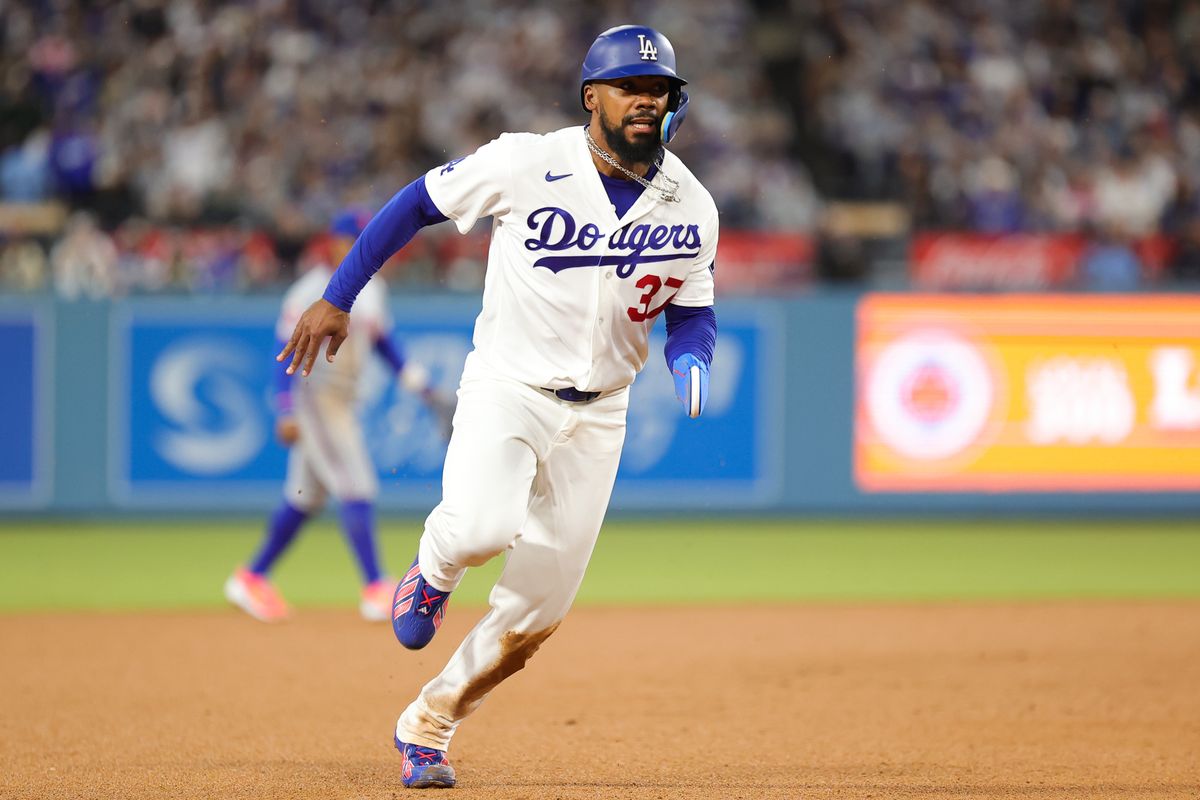 Teoscar Hernandez #37 of the Los Angeles Dodgers runs the base path during an MLB game against the New York Mets on April 13, 2026 in Los Angeles, CA. 