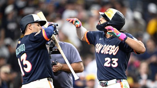 Aug 7, 2026; San Diego, California, USA; San Diego Padres right fielder Fernando Tatis Jr. (23) is congratulated by third baseman Manny Machado (13) after hitting a solo home run during the fifth inning against the Houston Astros at Petco Park.