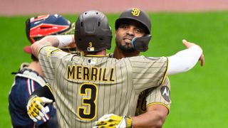 Bogaerts, Campusano drive in three, Rodriguez earns save in Padres win taken at Progressive Field (San Diego Padres). Photo by David Richard - Imagn Images