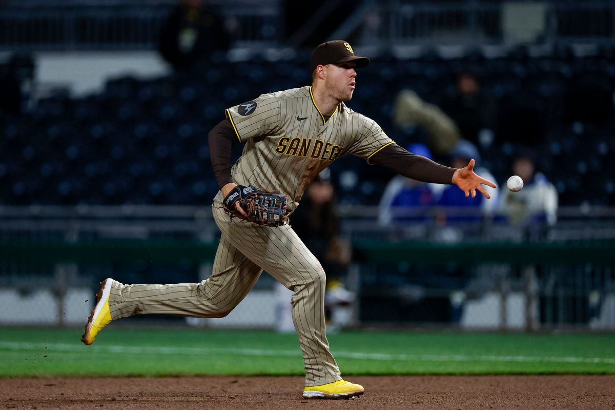 Gavin Sheets #30 flips to first for an out against the Pirates at PNC Park on April 6, 2025 in Pittsburgh.
