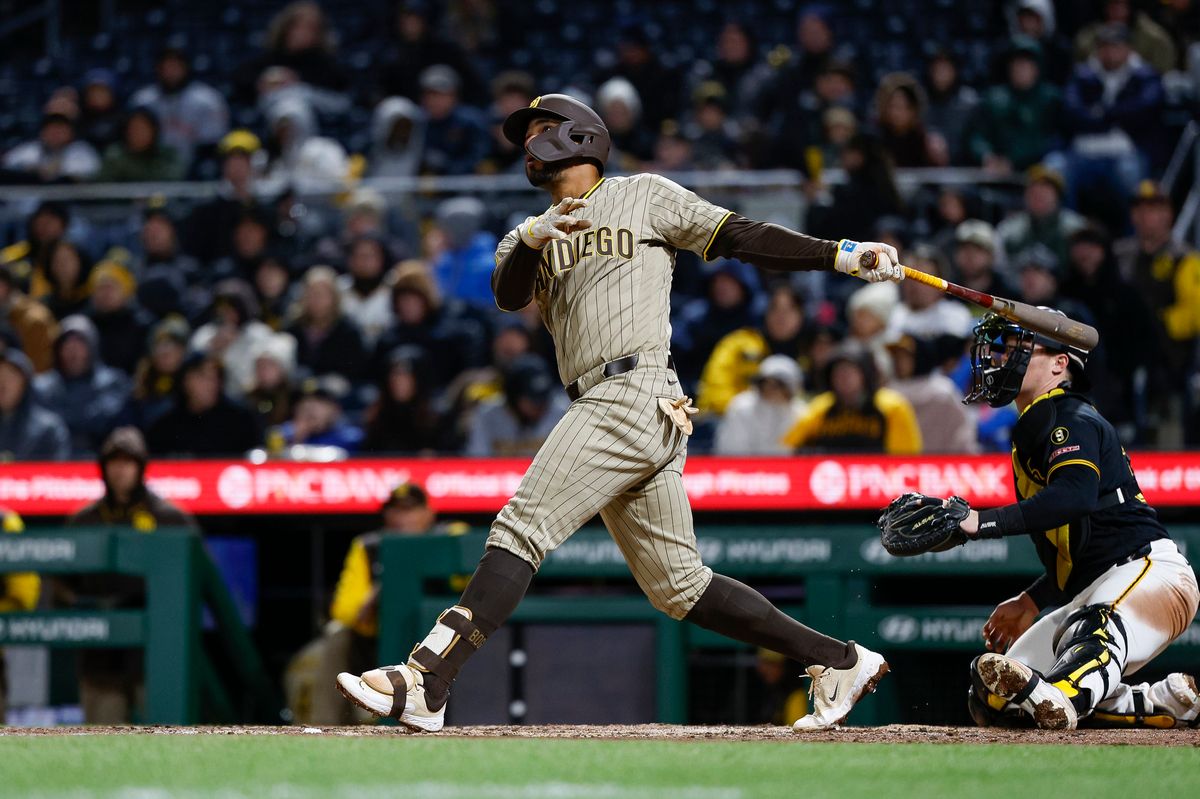 Xander Bogaerts #2 hits a home run gainst the Pirates at PNC Park on April 7, 2025 in Pittsburgh.