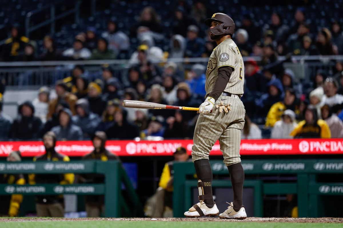 Xander Bogaerts #2 hits a home run gainst the Pirates at PNC Park on April 7, 2025 in Pittsburgh.
