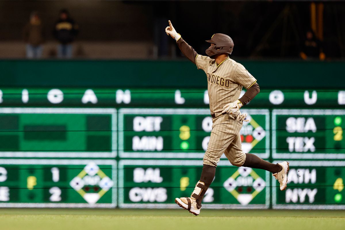 Xander Bogaerts #2 hits a home run gainst the Pirates at PNC Park on April 7, 2025 in Pittsburgh.
