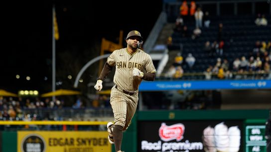 Xander Bogaerts #2 hits a home run gainst the Pirates at PNC Park on April 7, 2025 in Pittsburgh.