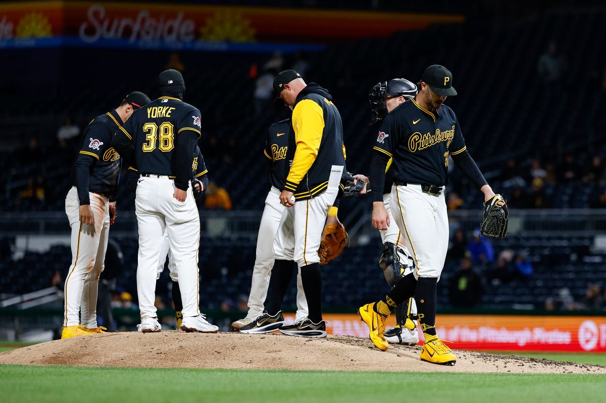 Paul Skenes #30 is removed during a pitching change against the Padres at PNC Park on April 7, 2025 in Pittsburgh.