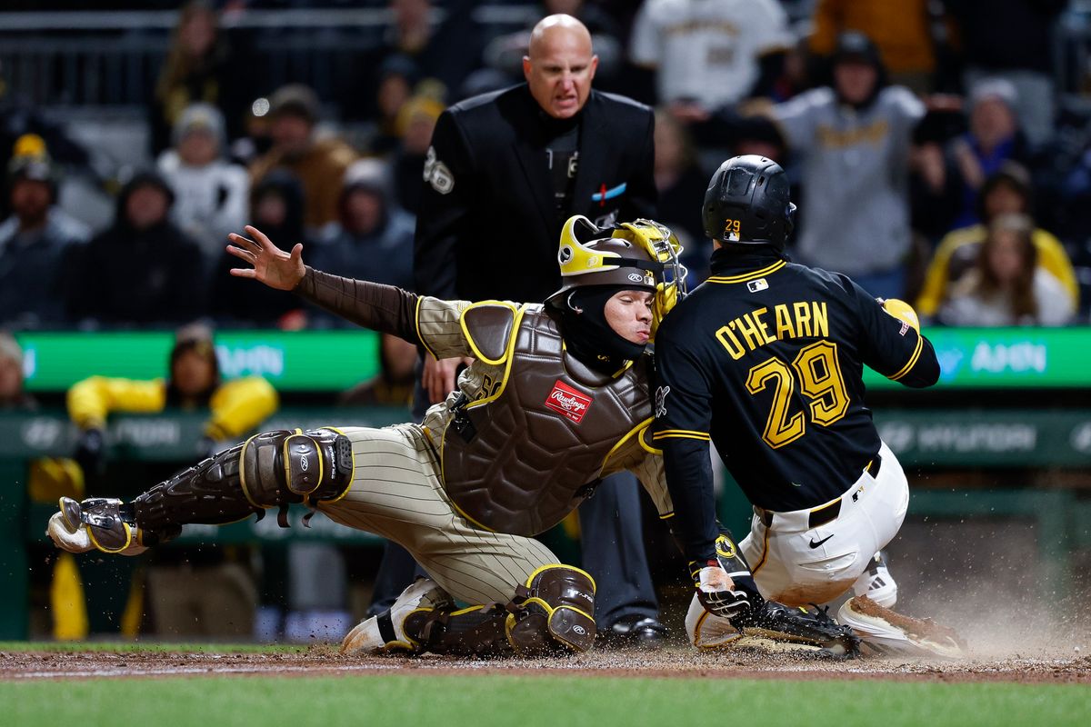 Ryan O'Hearn #29 scores a run in the eighth inning against the Padres at PNC Park on April 7, 2025 in Pittsburgh.