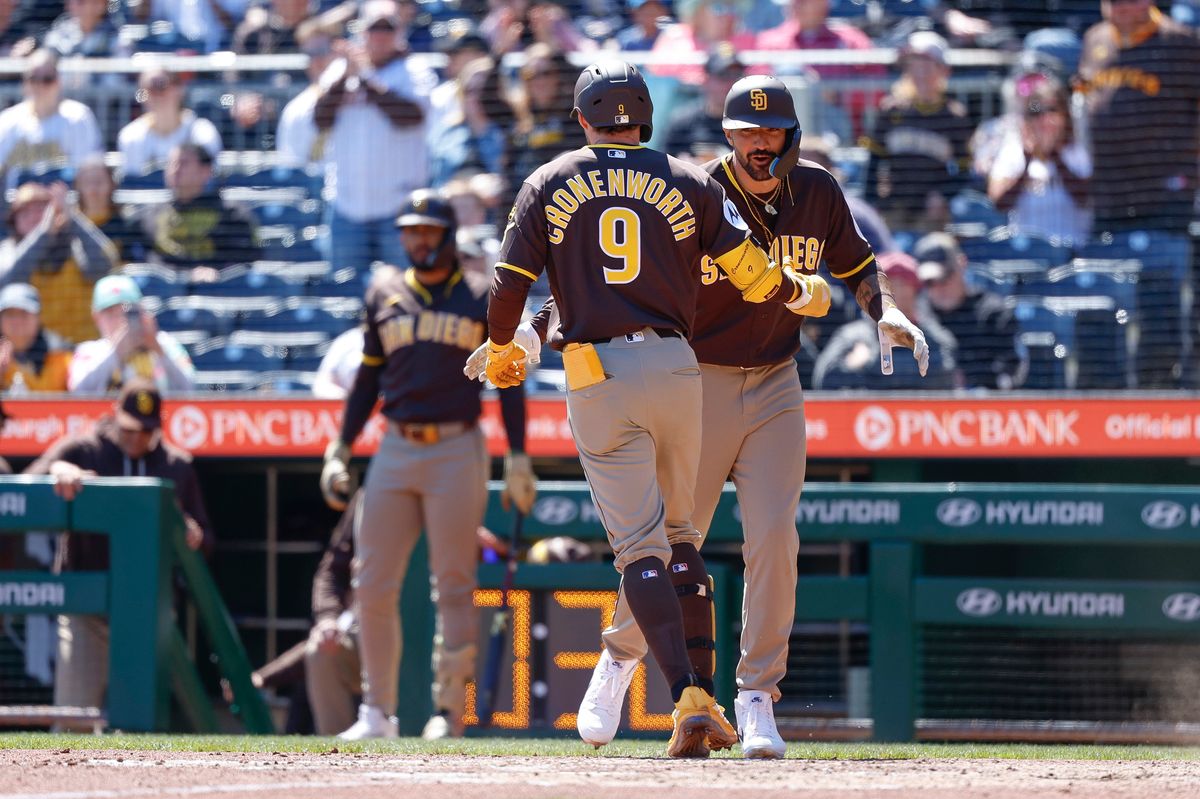 Jake Cronenworth #9 rounds the bases after hitting a home run against the Pirates at PNC Park on April 8, 2025 in Pittsburgh.