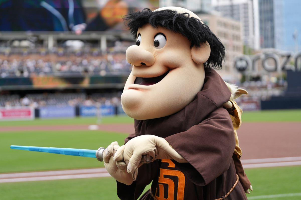 Padres mascot wields lightsaber before an MLB baseball game against the Athletics, Sunday May 24, 2026 in San Diego, California.