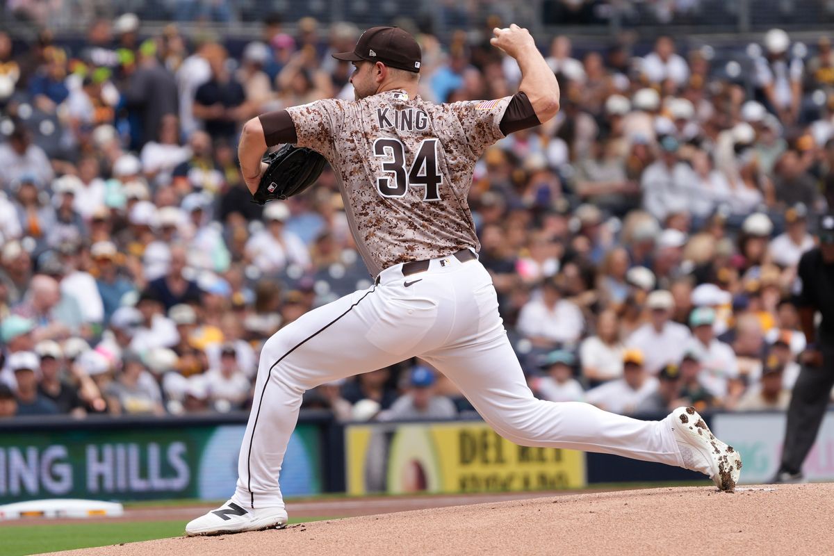 Padres starting pitcher Michael King (34) pitches the ball during an MLB baseball game against the Athletics, Sunday May 24, 2026 in San Diego, California.