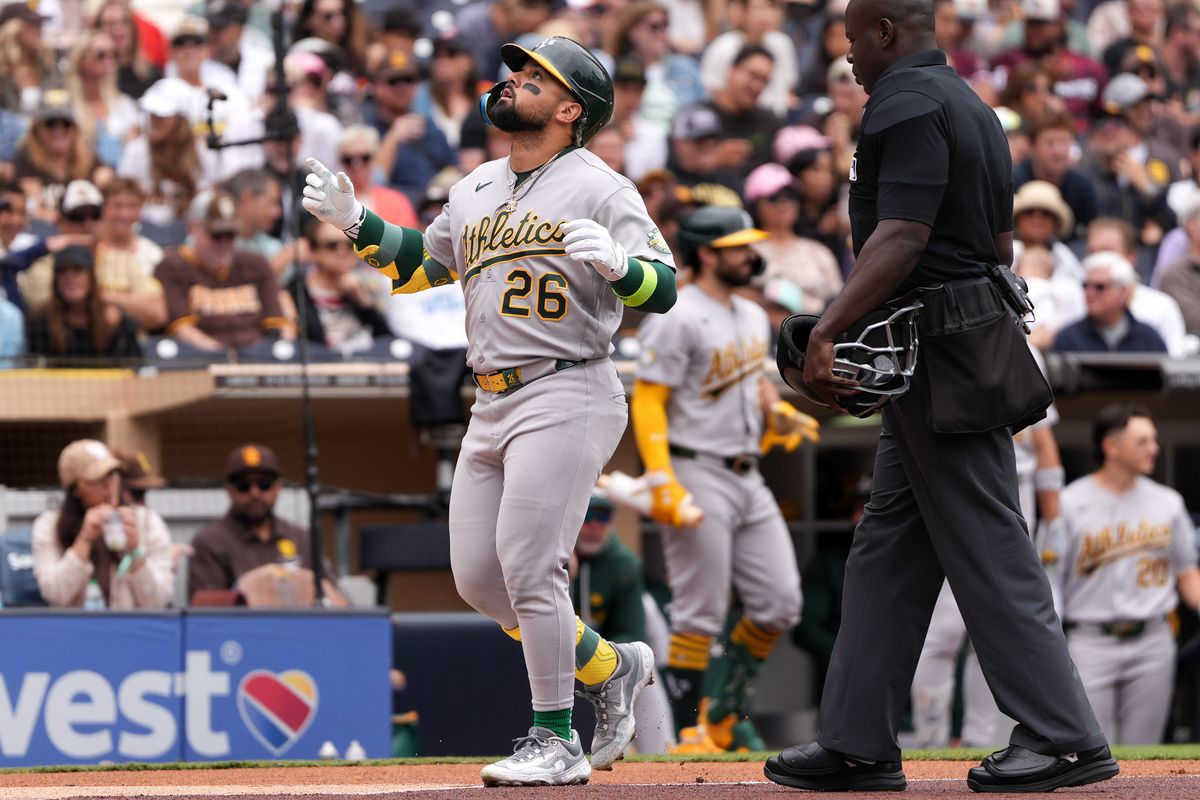 Athletics right fielder Carlos Cortes (26) celebrates after hitting a home run during an MLB baseball game against the Padres, Sunday May 24, 2026 in San Diego, California.