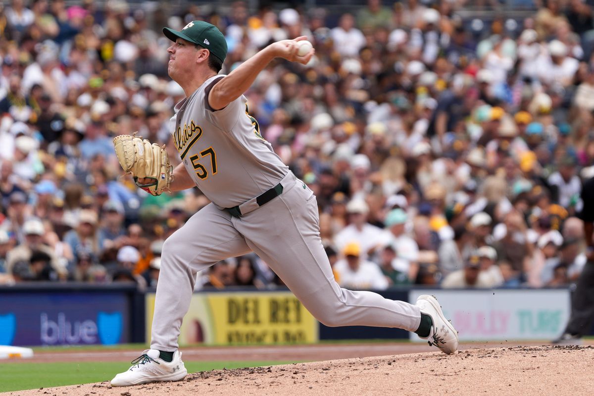 Athletics starting pitcher Jacob Lopez (57) pitches the ball during an MLB baseball game against the Padres, Sunday May 24, 2026 in San Diego, California.