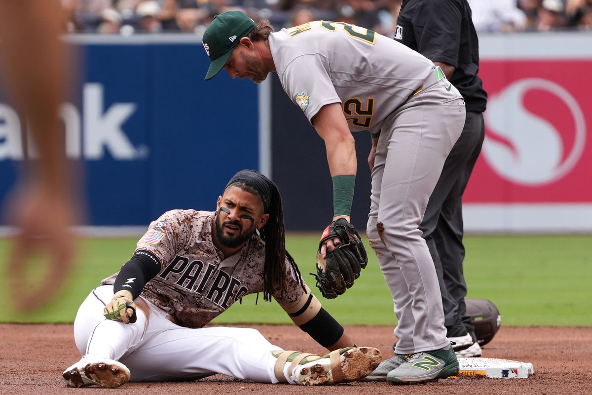 Padres right fielder Fernando Tatis Jr. (23) disappointed after getting out at second base during an MLB baseball game against the Athletics, Sunday May 24, 2026 in San Diego, California.