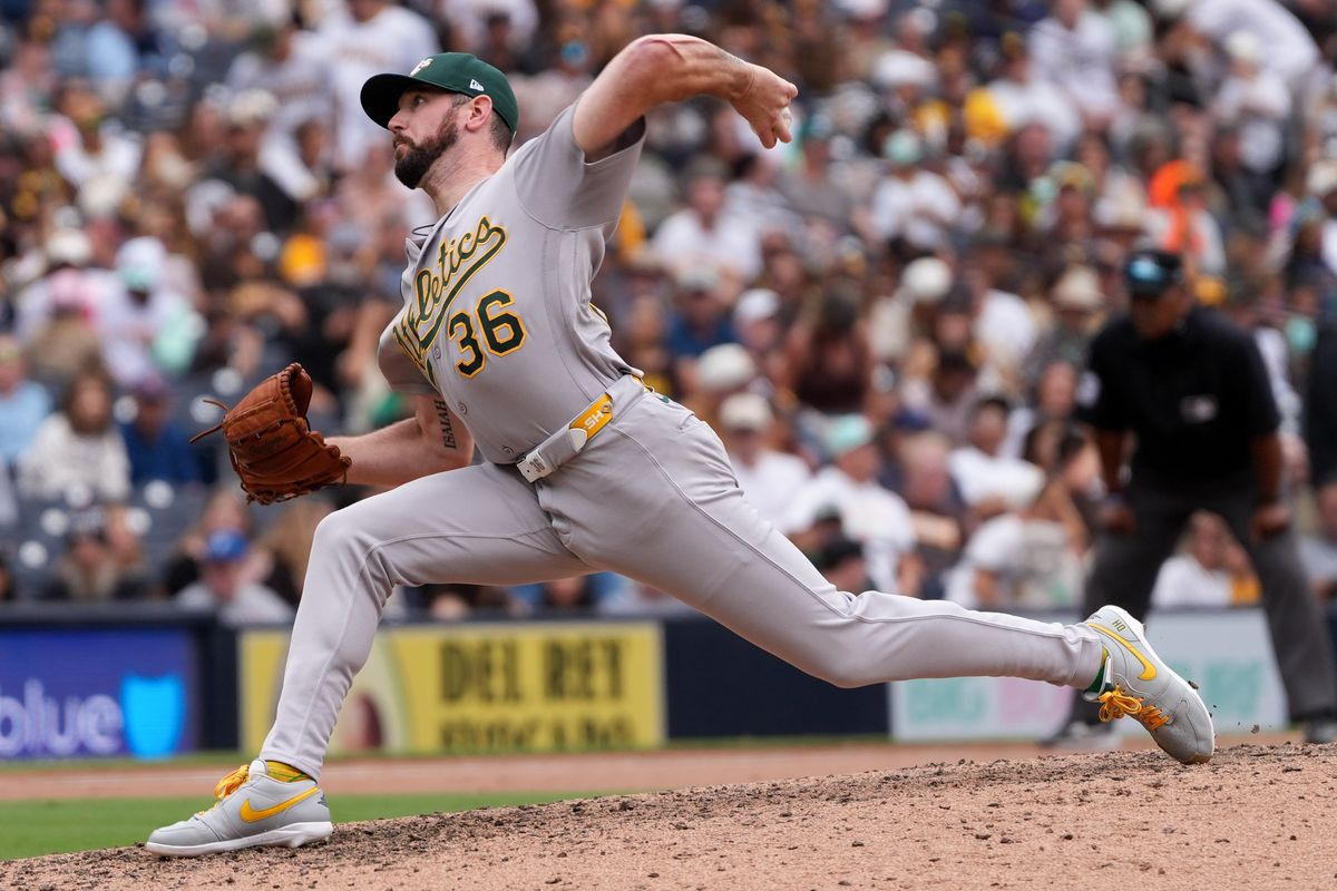 Athletics relief pitcher Hogan Harris (36) pitches the ball during an MLB baseball game against the Padres, Sunday May 24, 2026 in San Diego, California.