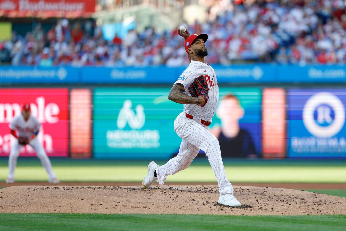 Cristopher Sanchez #61 of the Philadelphia Phillies throws a pitch against the San Diego Padres at Citizens Bank Park on June 3, 2026 in Philadelphia, Pennsylvania.