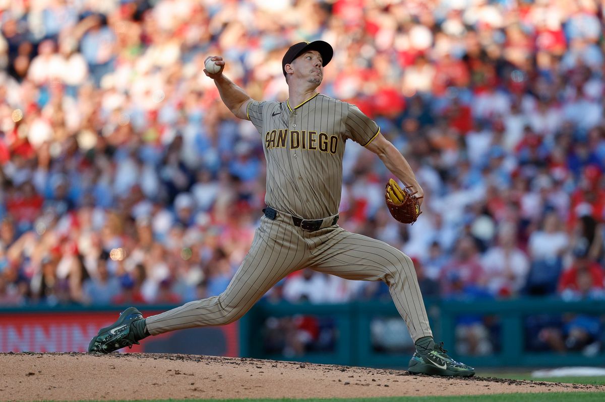 Walker Buehler #10 of the San Diego Padres throws a pitch against the Philadelphia Phillies at Citizens Bank Park on June 3, 2026 in Philadelphia, Pennsylvania.