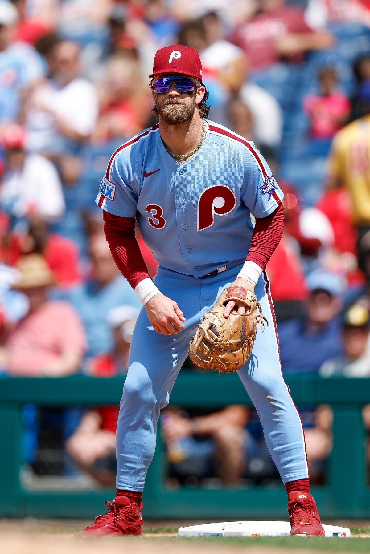 Bryce Harper #3 of the Philadelphia Phillies in defensive stance against the San Diego Padres at Citizens Bank Park on June 2, 2026 in Philadelphia, Pennsylvania.
