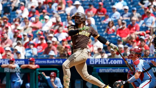 Fernando Tatis Jr. #23 of the San Diego Padres swings the bat against the Philadelphia Phillies at Citizens Bank Park on June 2, 2026 in Philadelphia, Pennsylvania.