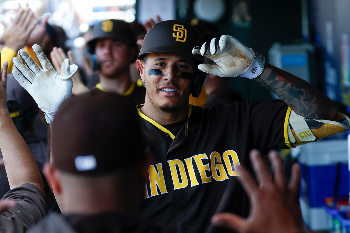 Manny Machado #13 of the San Diego Padres celebrates a home run against the Philadelphia Phillies at Citizens Bank Park on June 2, 2026 in Philadelphia, Pennsylvania.