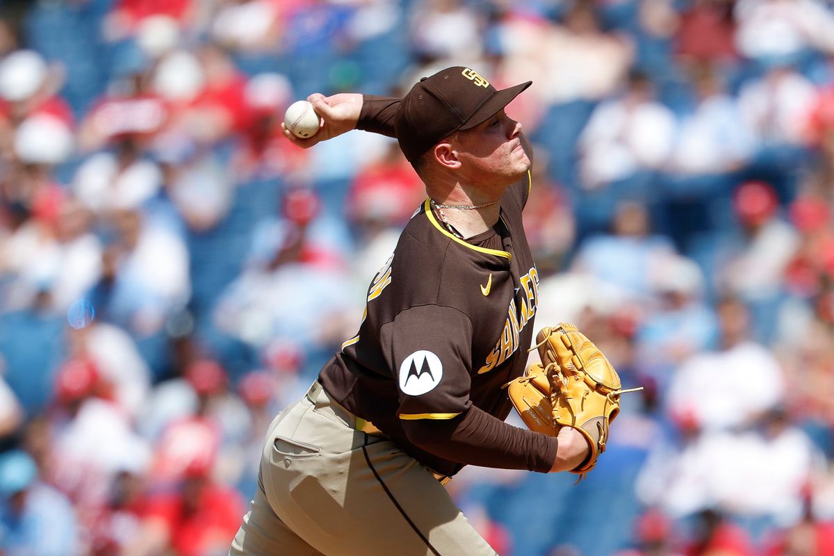 Adrian Morejon #50 of the San Diego Padres pitches against the Philadelphia Phillies at Citizens Bank Park on June 2, 2026 in Philadelphia, Pennsylvania.