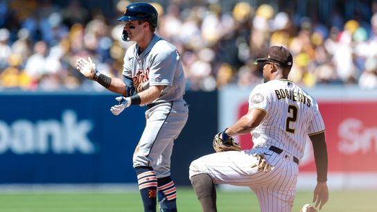 Mar 26, 2026; San Diego, California, USA; Detroit Tigers third baseman Kevin McGonigle (7) celebrates after hitting a double during the third inning against the San Diego Padres at Petco Park.