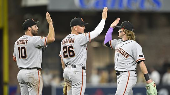 Mar 30, 2026; San Diego, California, USA; San Francisco Giants first baseman Casey Schmitt (10), left, Matt Chapman (26), center, and Harrison Bader (9) high-five after the Giants beat the San Diego Padres at Petco Park. Mar 30, 2026; San Diego, California, USA; San Francisco Giants first baseman Casey Schmitt (10), left, Matt Chapman (26), center, and Harrison Bader (9) high-five after the Giants beat the San Diego Padres at Petco Park.